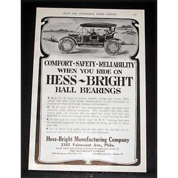 1910 OLD MAGAZINE PRINT AD, RIDE ON HESS-BRIGHT BALL BEARINGS, COMFORT &amp; SAFETY! #1 image